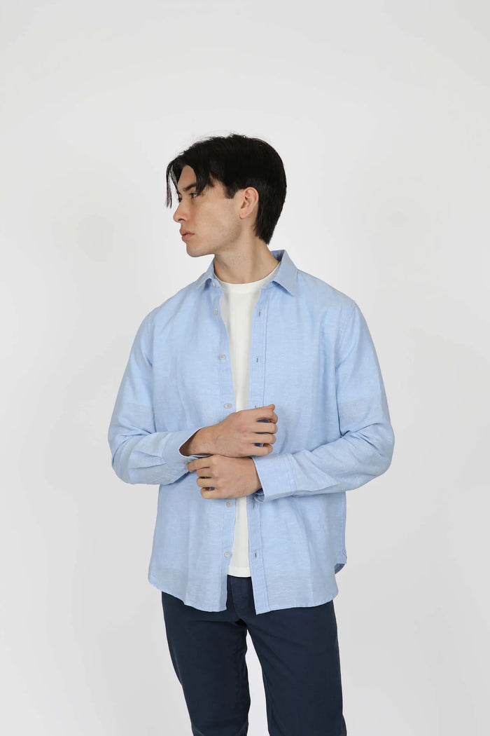 James Harper Sky Linen Blend Long Sleeve Shirt JHS603