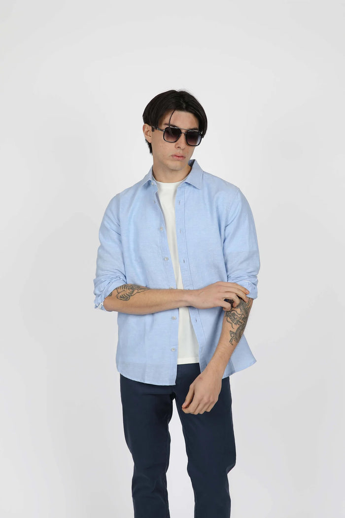 James Harper Sky Linen Blend Long Sleeve Shirt JHS603