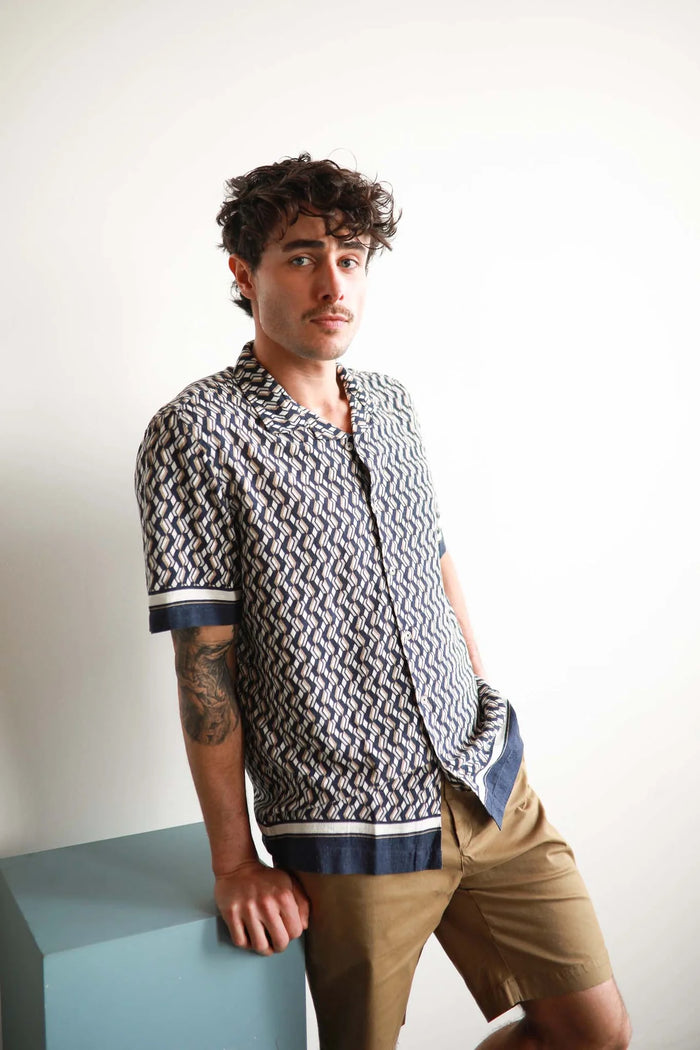 James Harper Short Sleeve Cuban Collar Cannes Border Print