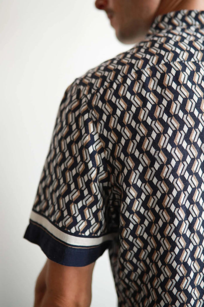 James Harper Short Sleeve Cuban Collar Cannes Border Print