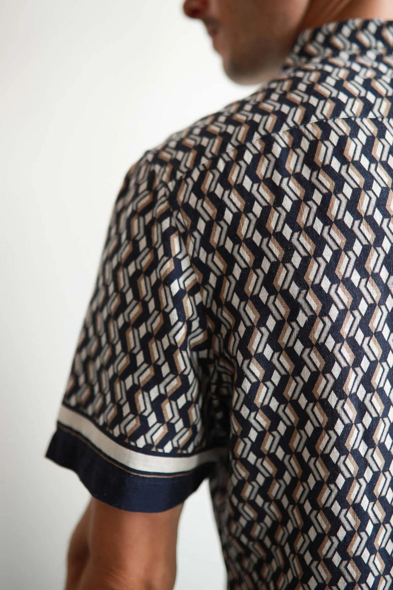 James Harper Short Sleeve Cuban Collar Cannes Border Print
