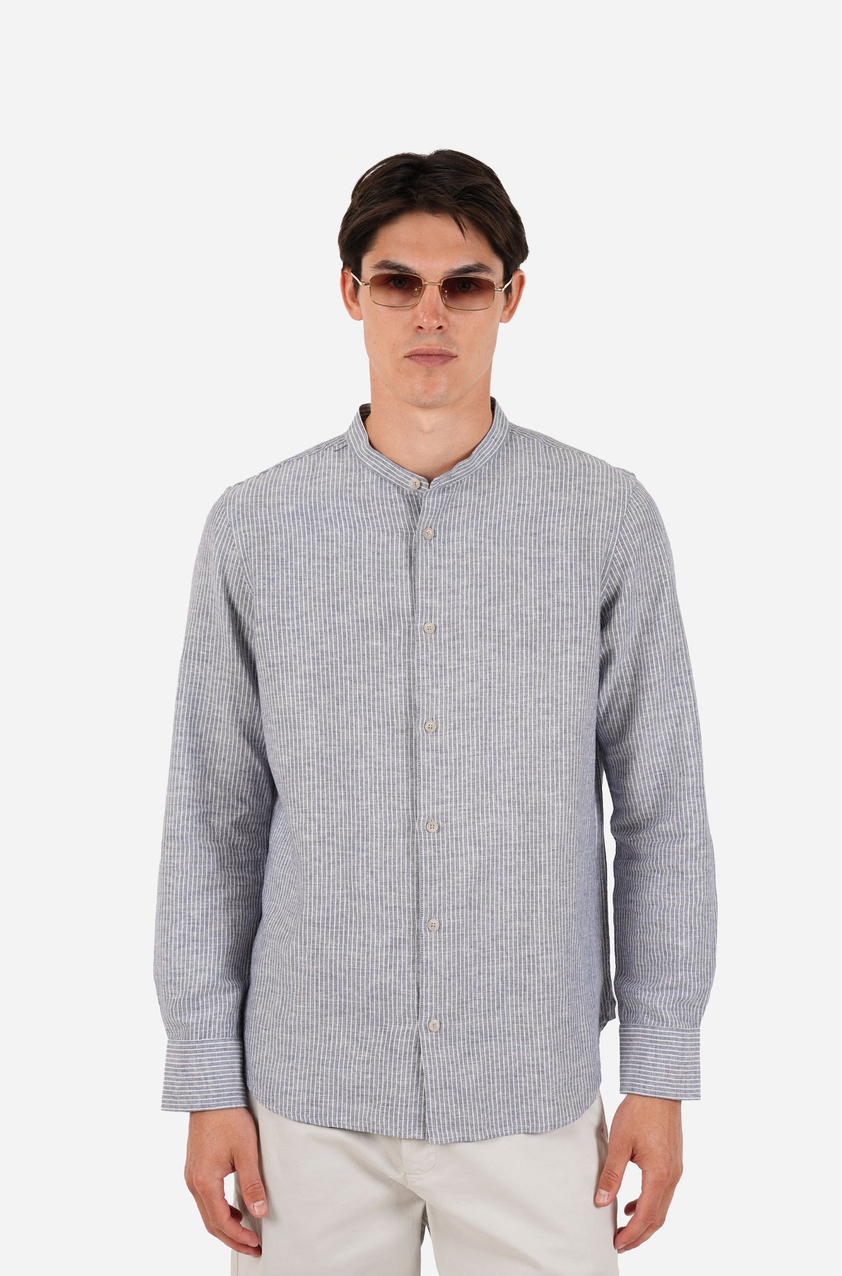 James Harper L/S Grandpa Collar fine stripe Blue Shirt JHS705