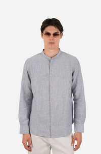 James Harper L/S Grandpa Collar fine stripe Blue Shirt JHS705