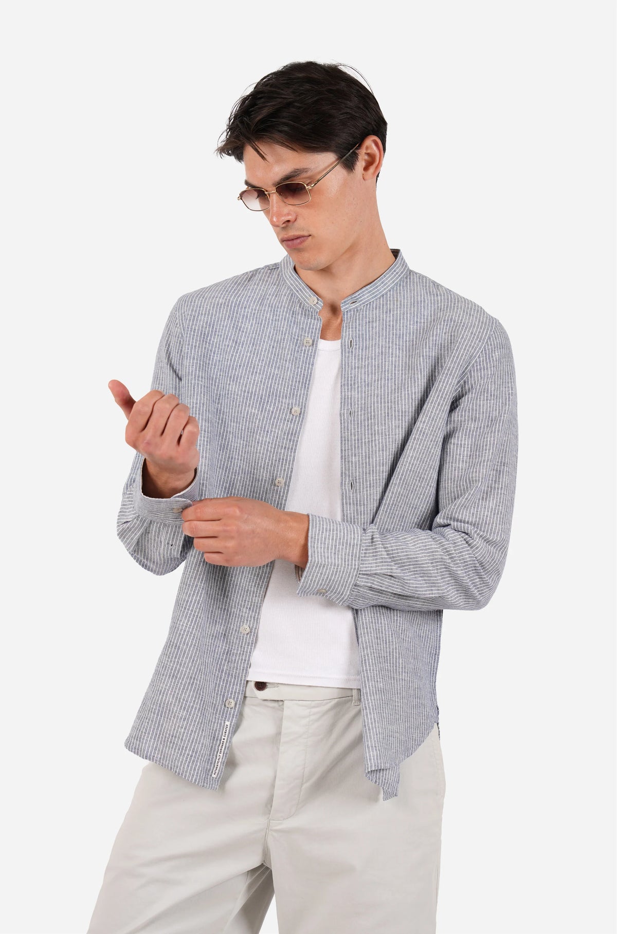 James Harper L/S Grandpa Collar fine stripe Blue Shirt JHS705
