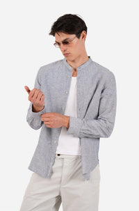 James Harper L/S Grandpa Collar fine stripe Blue Shirt JHS705