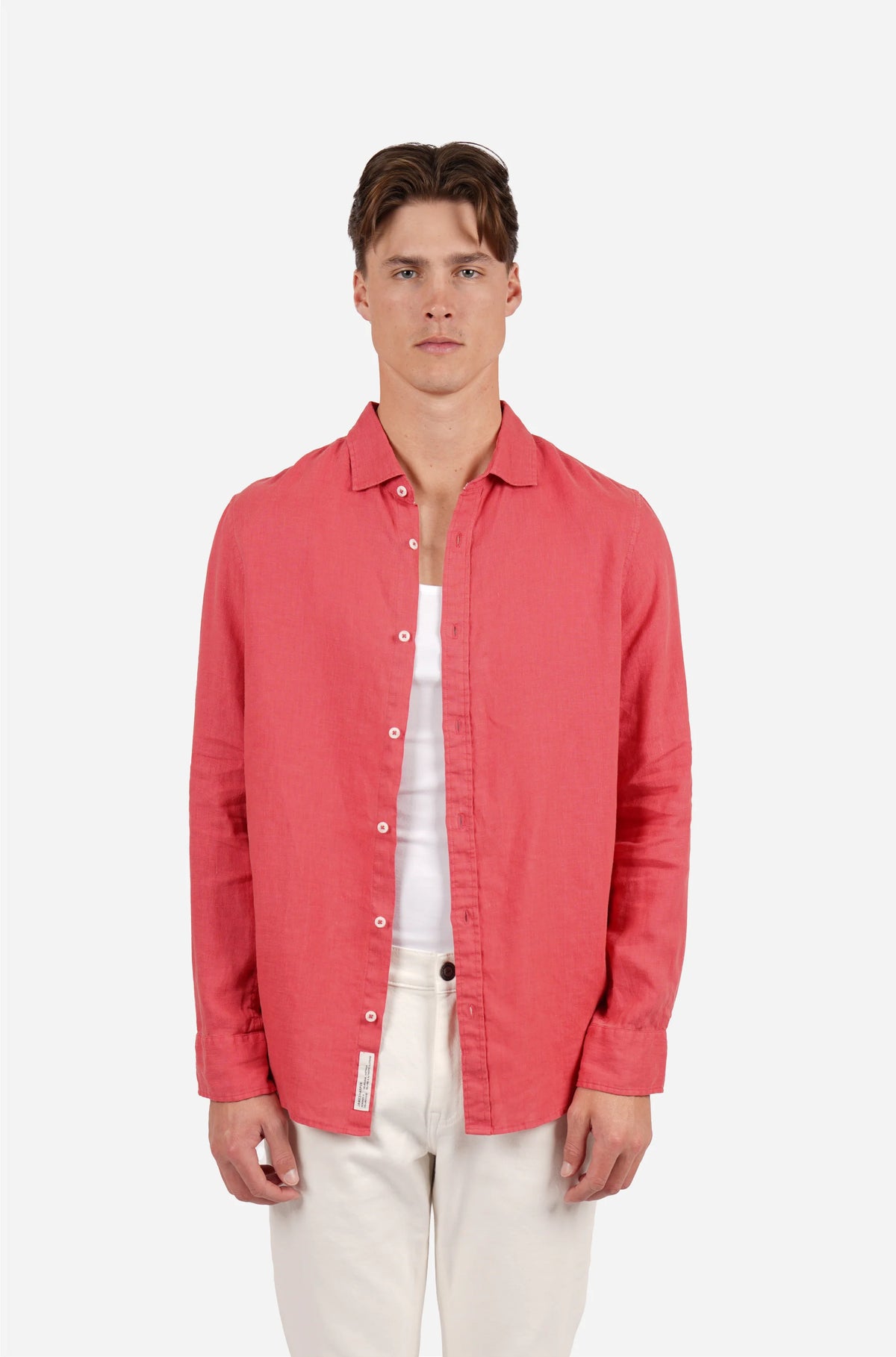 James Harper Pure Linen LS Shirt in Coral JHS725