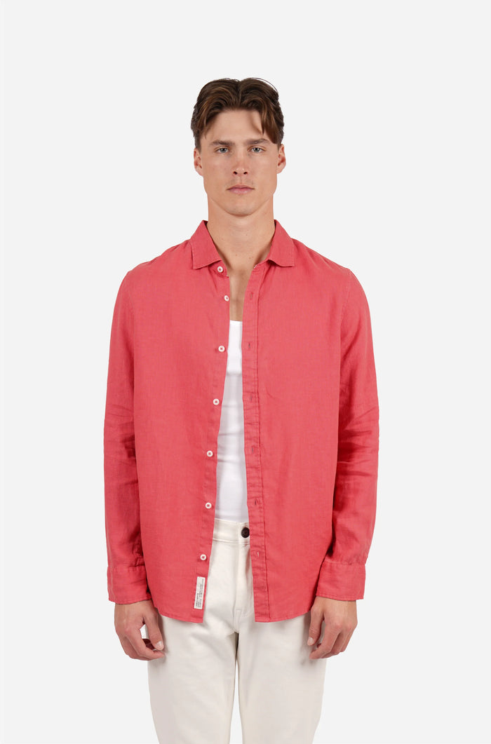 James Harper Pure Linen LS Shirt in Coral JHS725