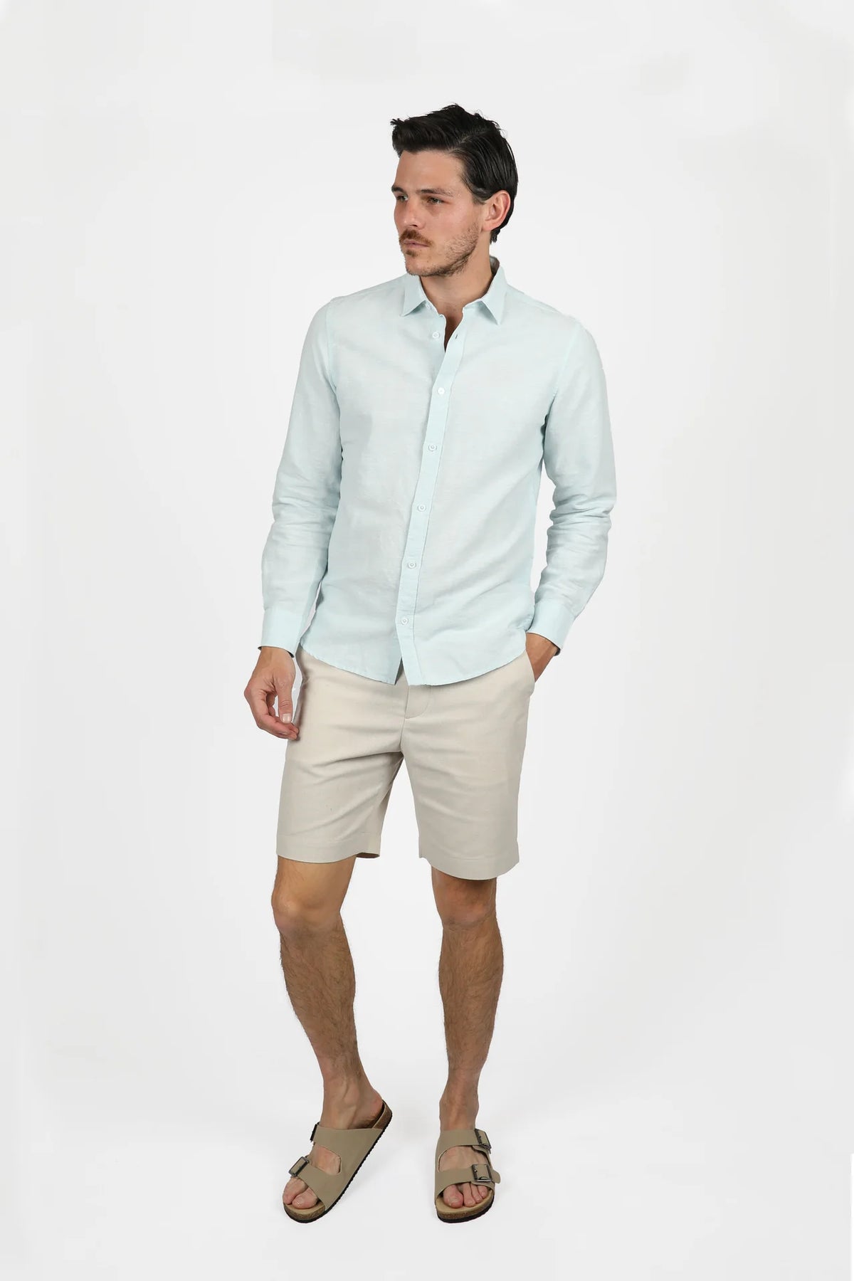 James Harper Long Sleeve Linen Shirt Ice Blue