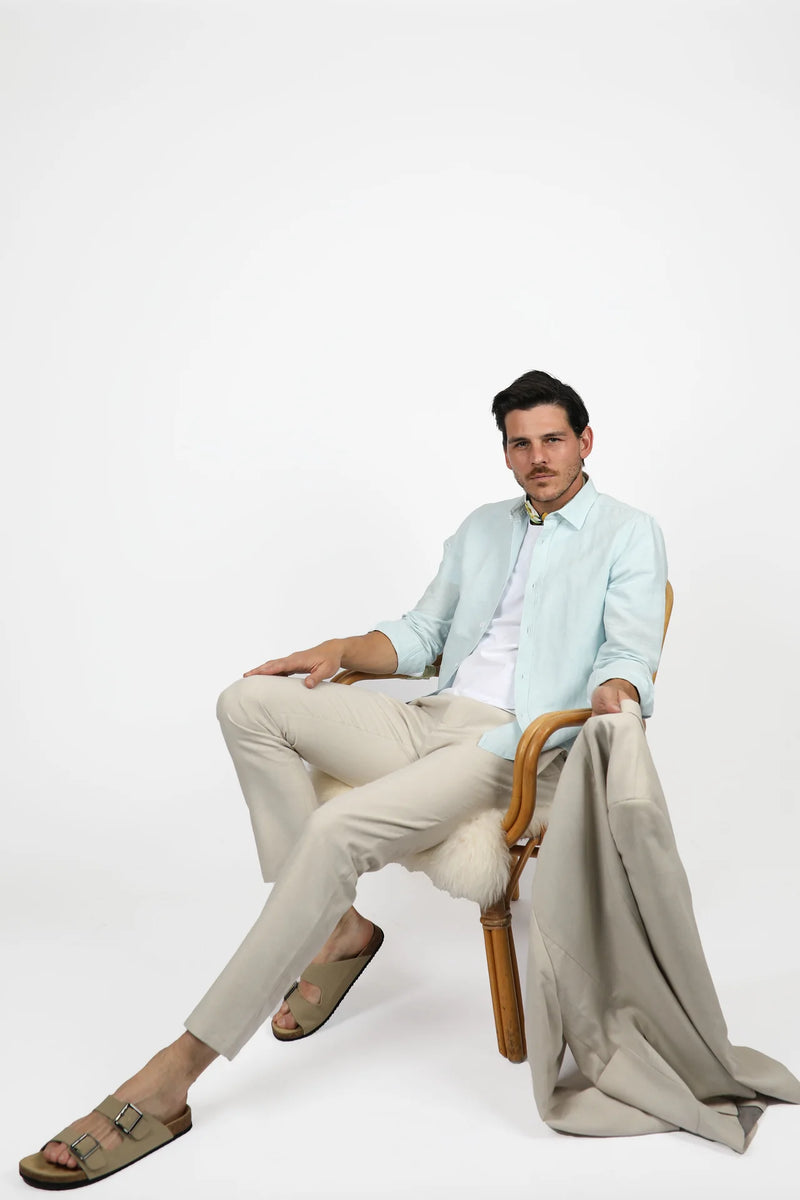 James Harper Long Sleeve Linen Shirt Ice Blue