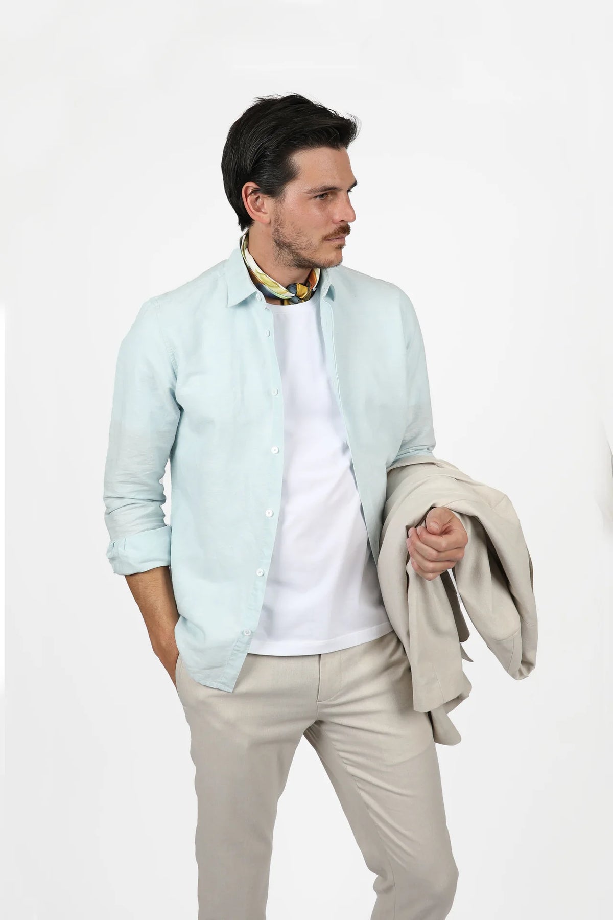 James Harper Long Sleeve Linen Shirt Ice Blue