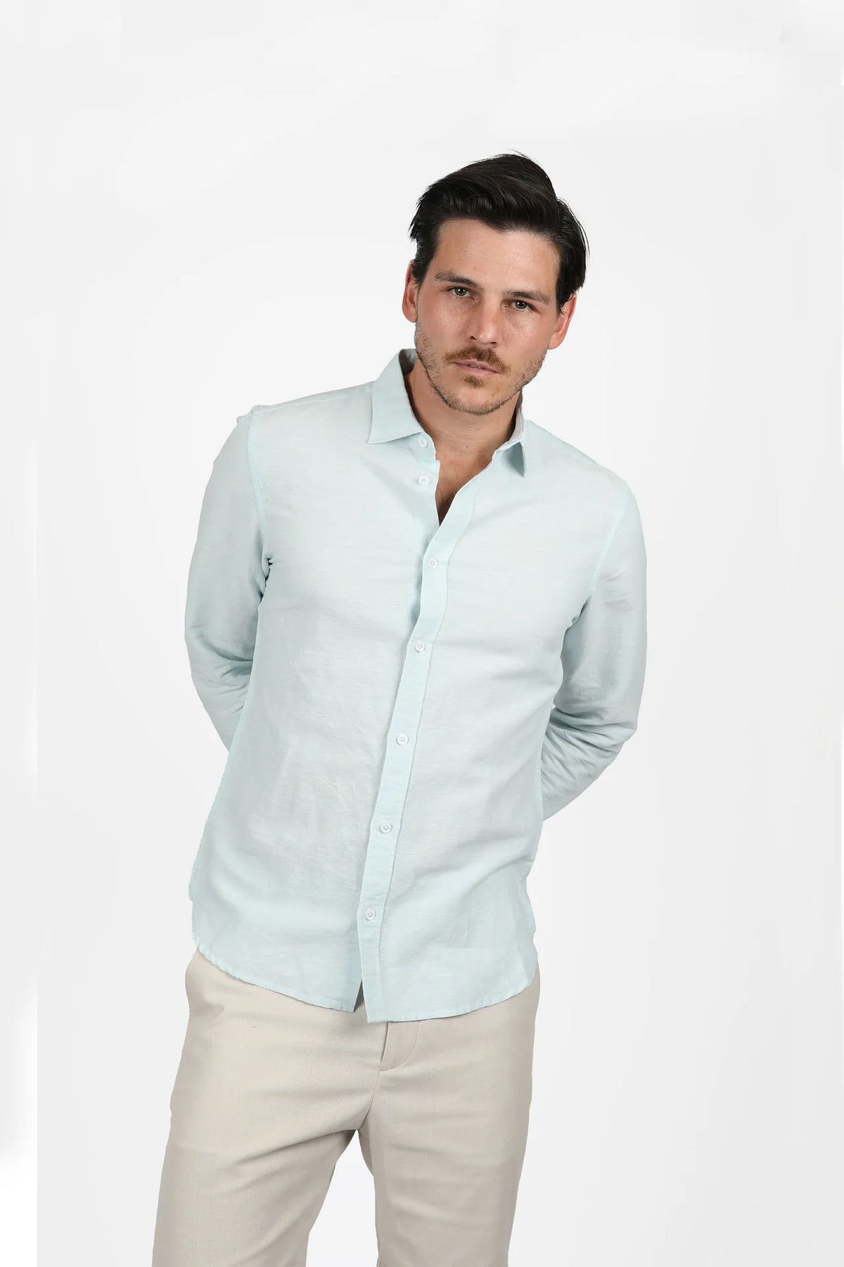 James Harper Long Sleeve Linen Shirt Ice Blue