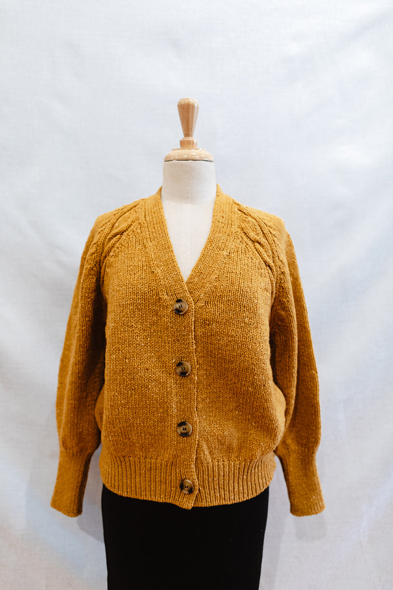 Ladies Fisherman Raglan Cardigan with Cabled Detail in Shamrock or Honey