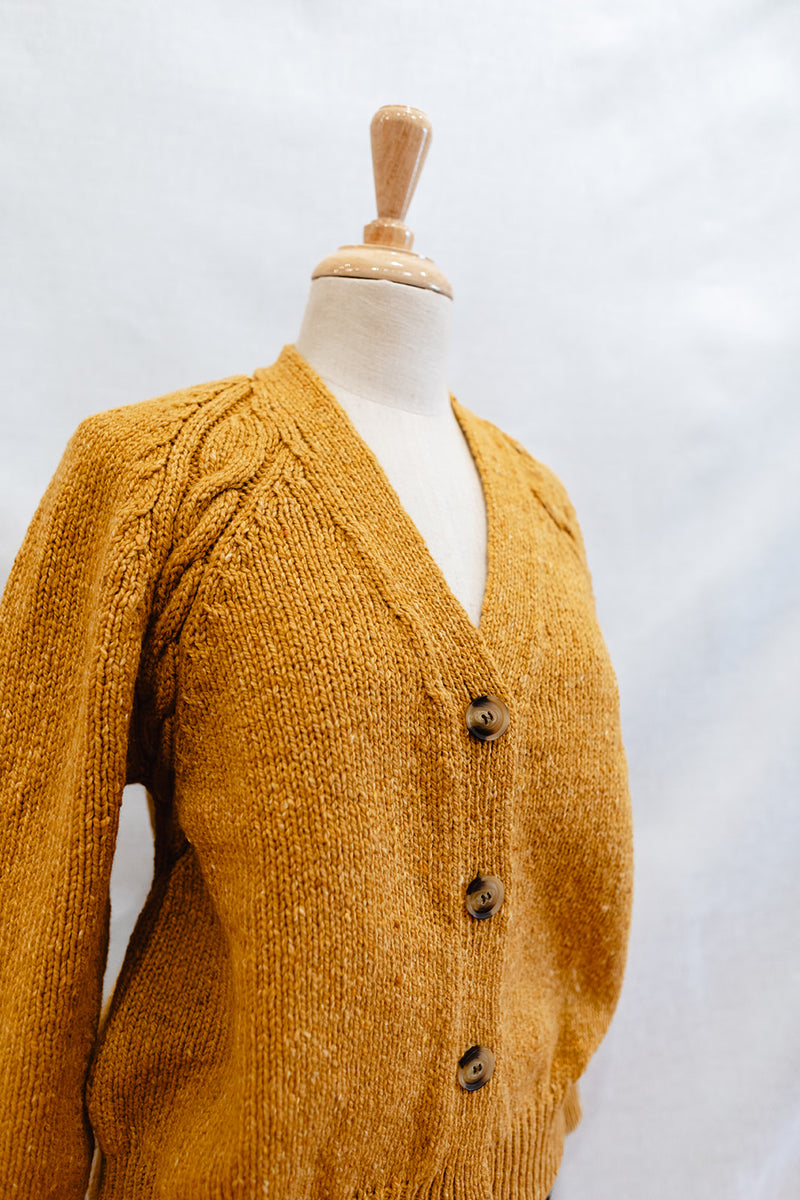 Ladies Fisherman Raglan Cardigan with Cabled Detail in Shamrock or Honey