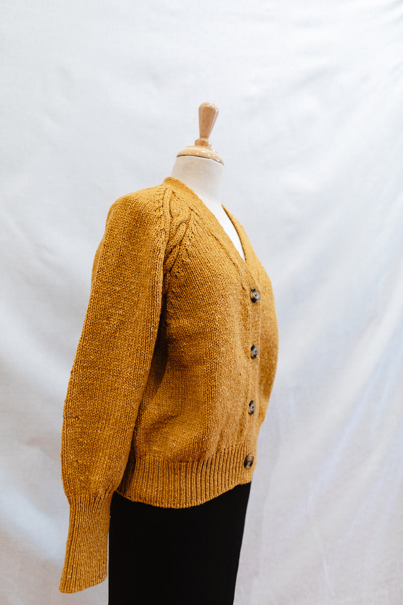 Ladies Fisherman Raglan Cardigan with Cabled Detail in Shamrock or Honey