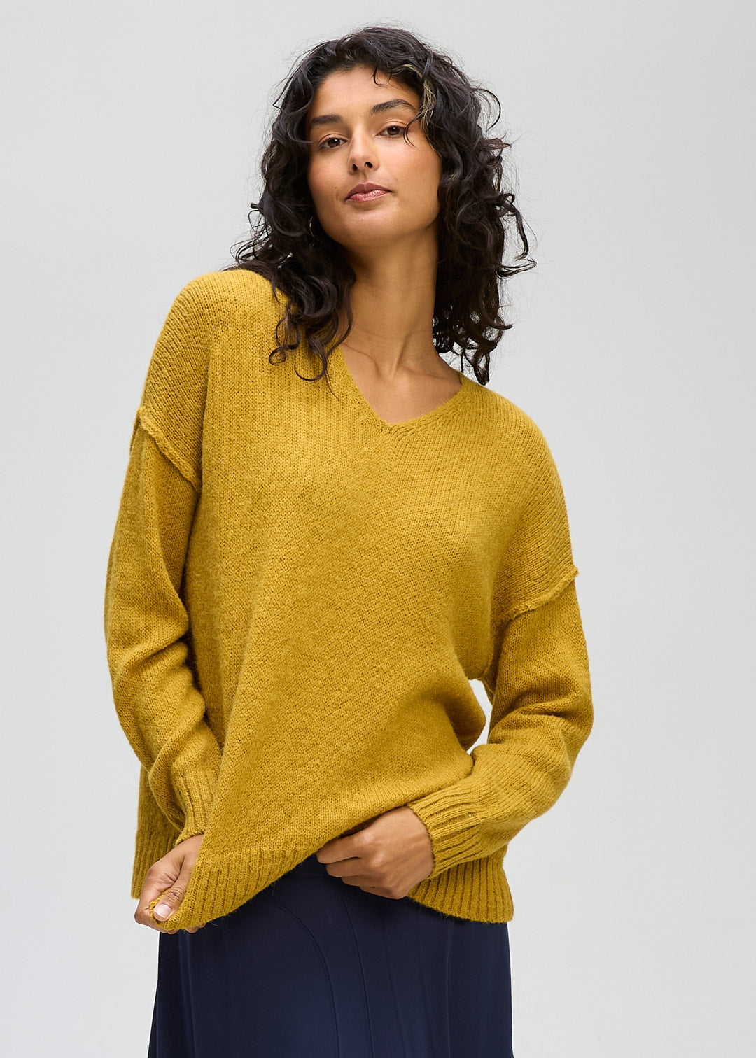 LD + Co Fluffy V Neck Jumper in Ochre 8175