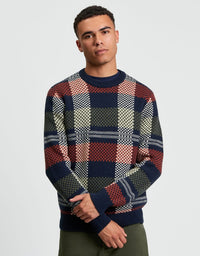 Jacquard Check Crew Jumper in Dark Navy