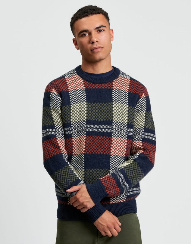 Jacquard Check Crew Jumper in Dark Navy