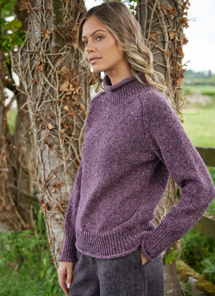 Fisherman Donegal Fleck Saddle Shoulder Sweater in Dark Mauve or Copper SI628M