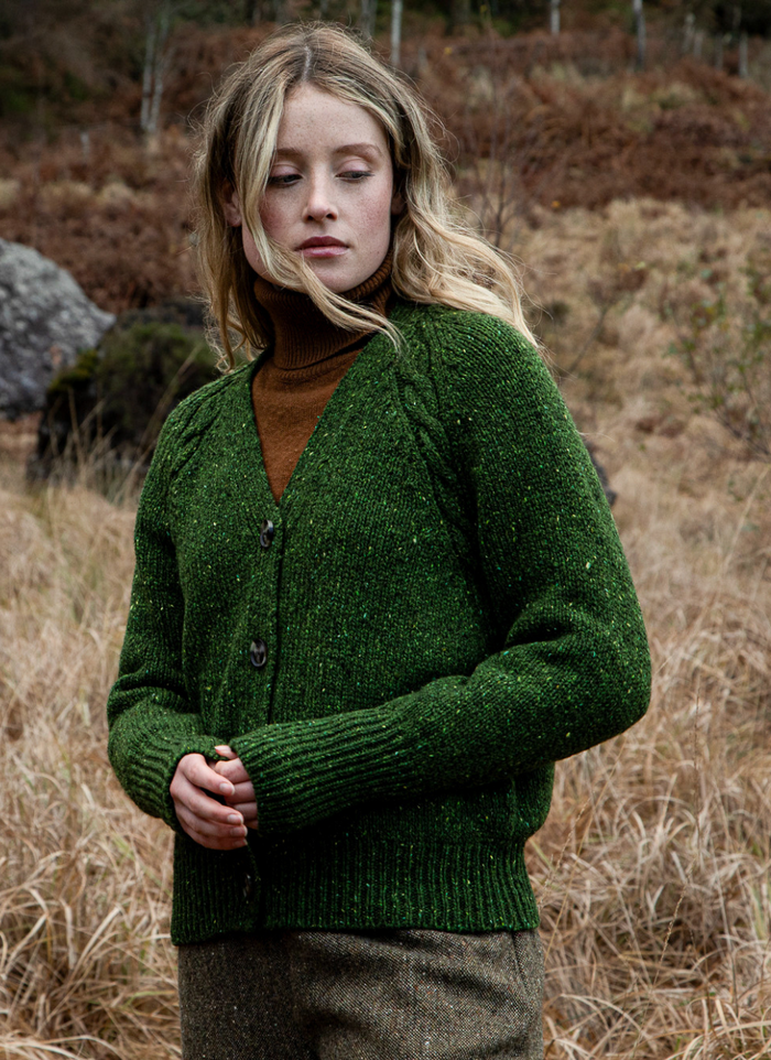 Ladies Fisherman Raglan Cardigan with Cabled Detail in Shamrock or Honey