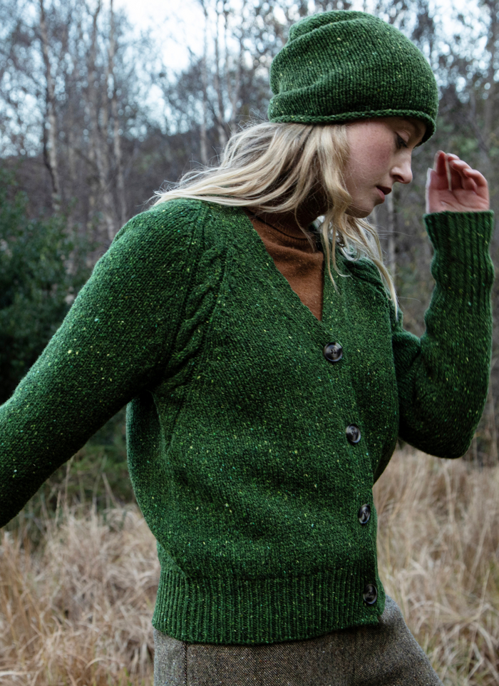 Ladies Fisherman Raglan Cardigan with Cabled Detail in Shamrock or Honey