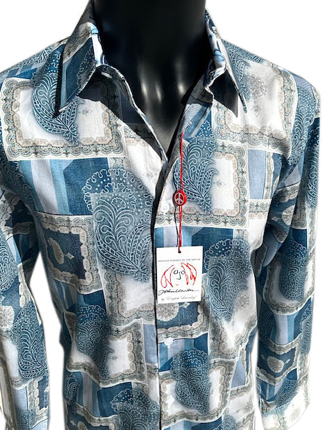 John Lennon 'Salford' Print Blue Mist colour Long Sleeve Shirt