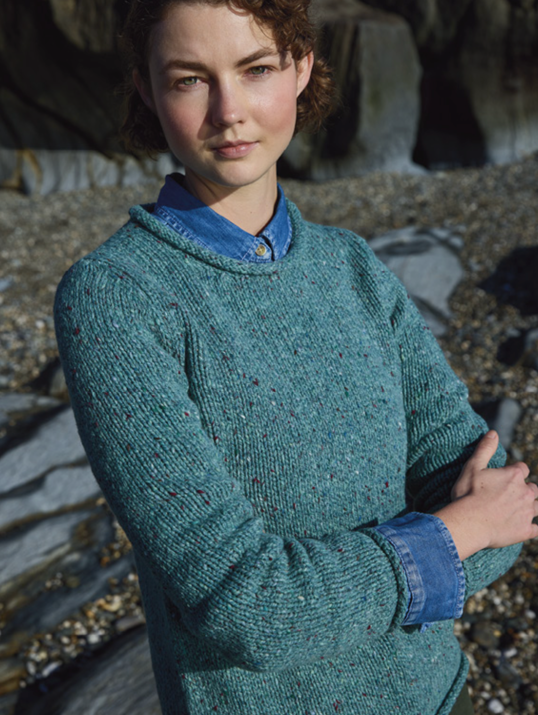 Ladies Fisherman Rolled Edge Jumper in Jade FSY66M