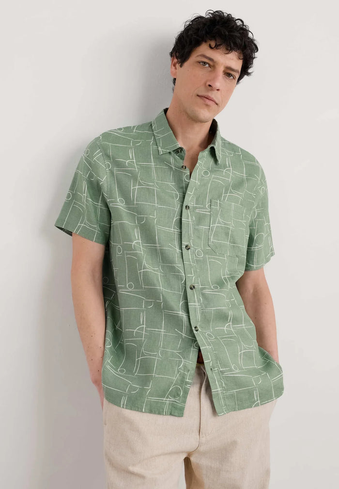 Seasalt Men's Blue Heron Short Sleeve Shirt Loose Lines Dark Pistachio
