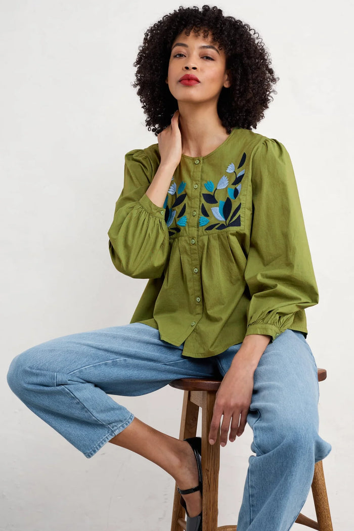 Seasalt Thornapple Embroidered Shirt in Dark Citron