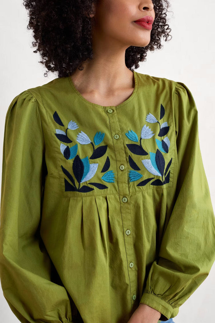 Seasalt Thornapple Embroidered Shirt in Dark Citron