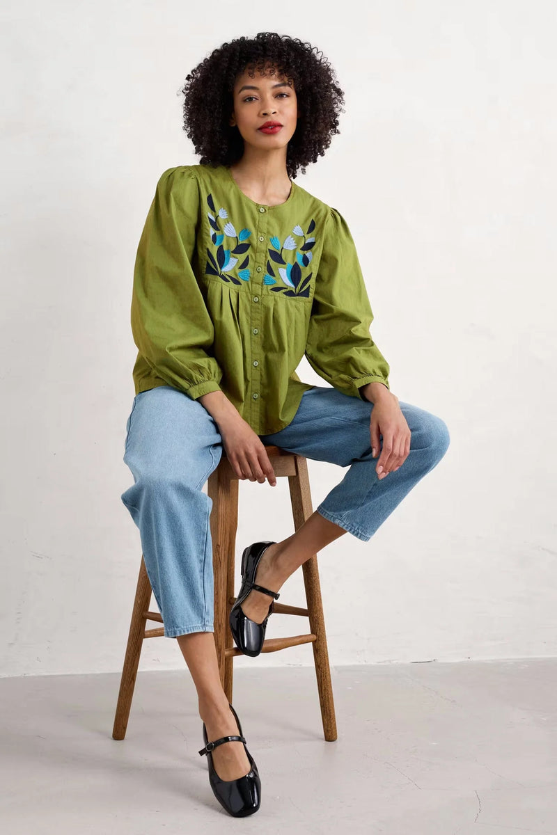 Seasalt Thornapple Embroidered Shirt in Dark Citron