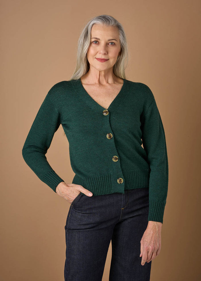 Agnes Jersey V Neck Cardigan - Merino Wool - Hunter