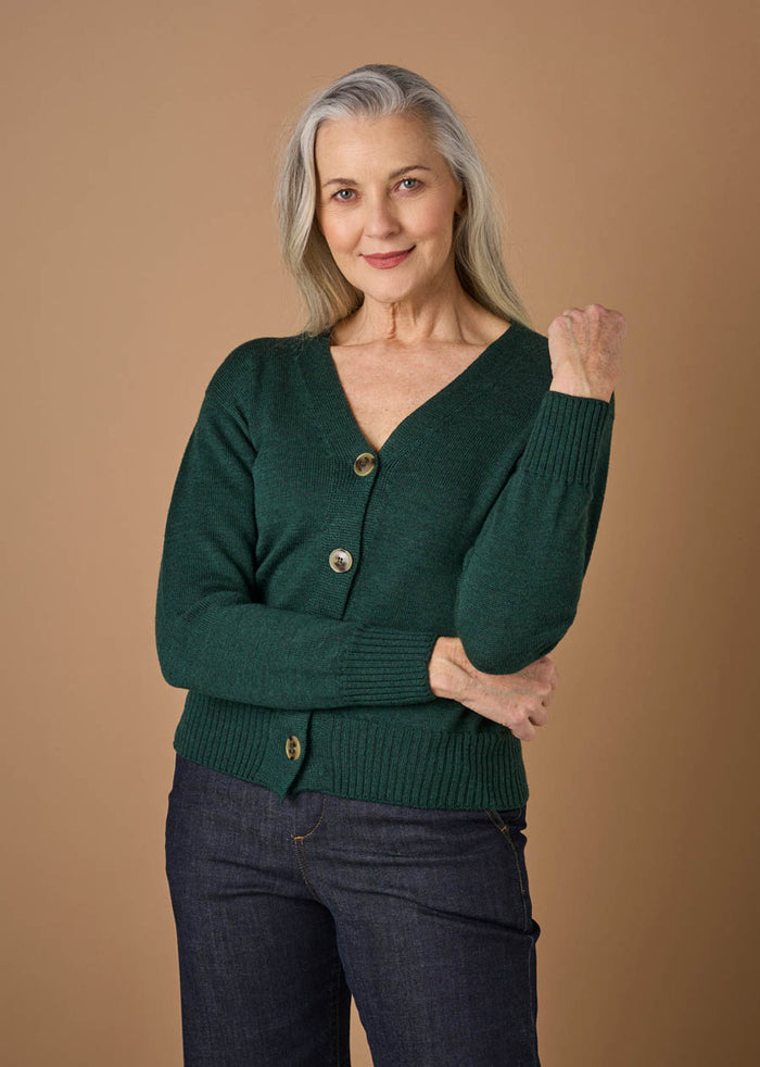 Agnes Jersey V Neck Cardigan - Merino Wool - Hunter