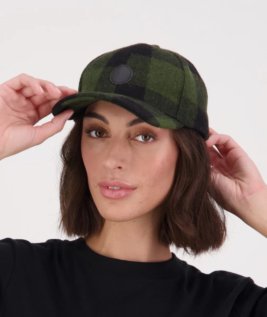 The Swanni Wool Baseball Cap in Olive/Black Check