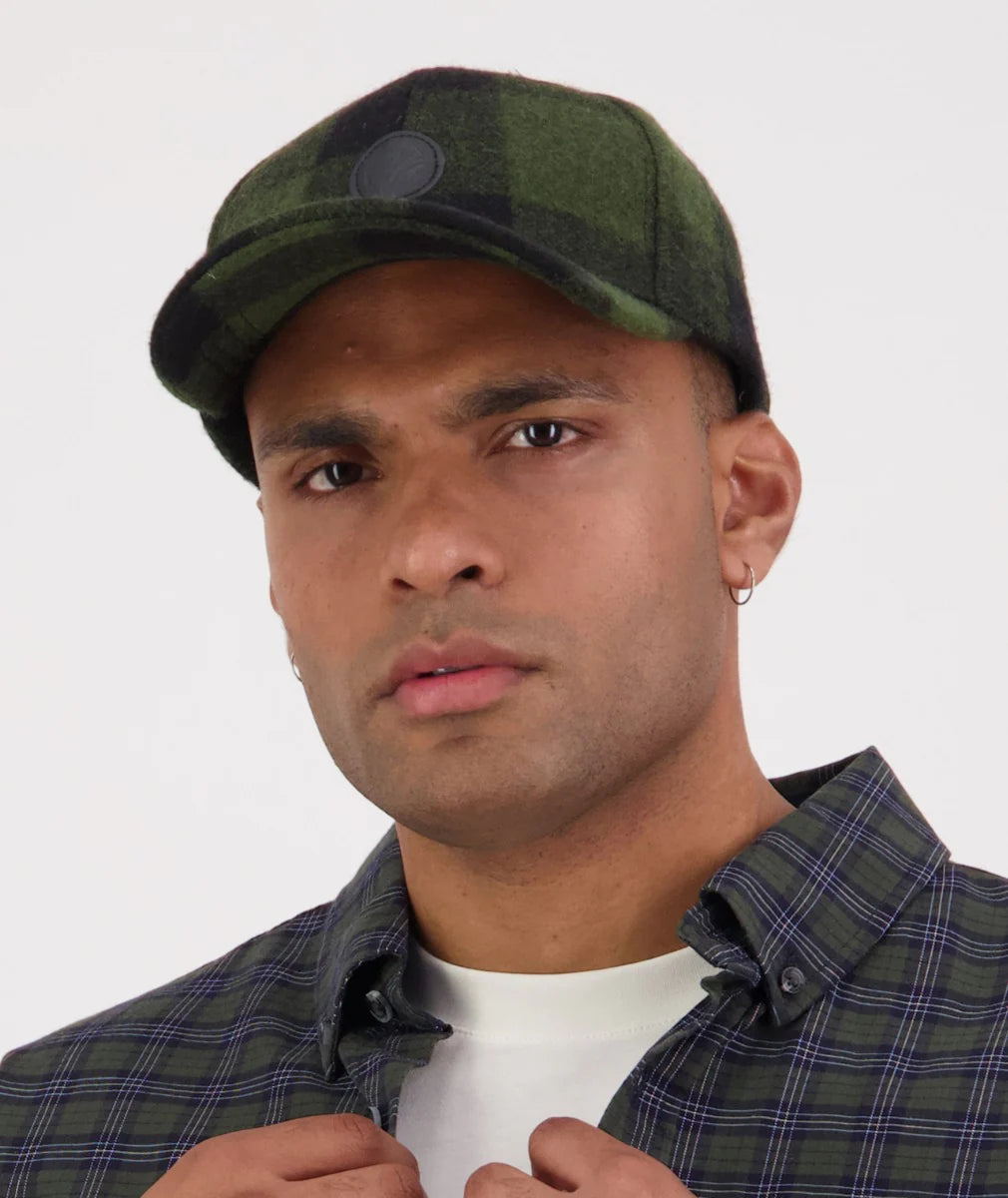 The Swanni Wool Baseball Cap in Olive/Black Check