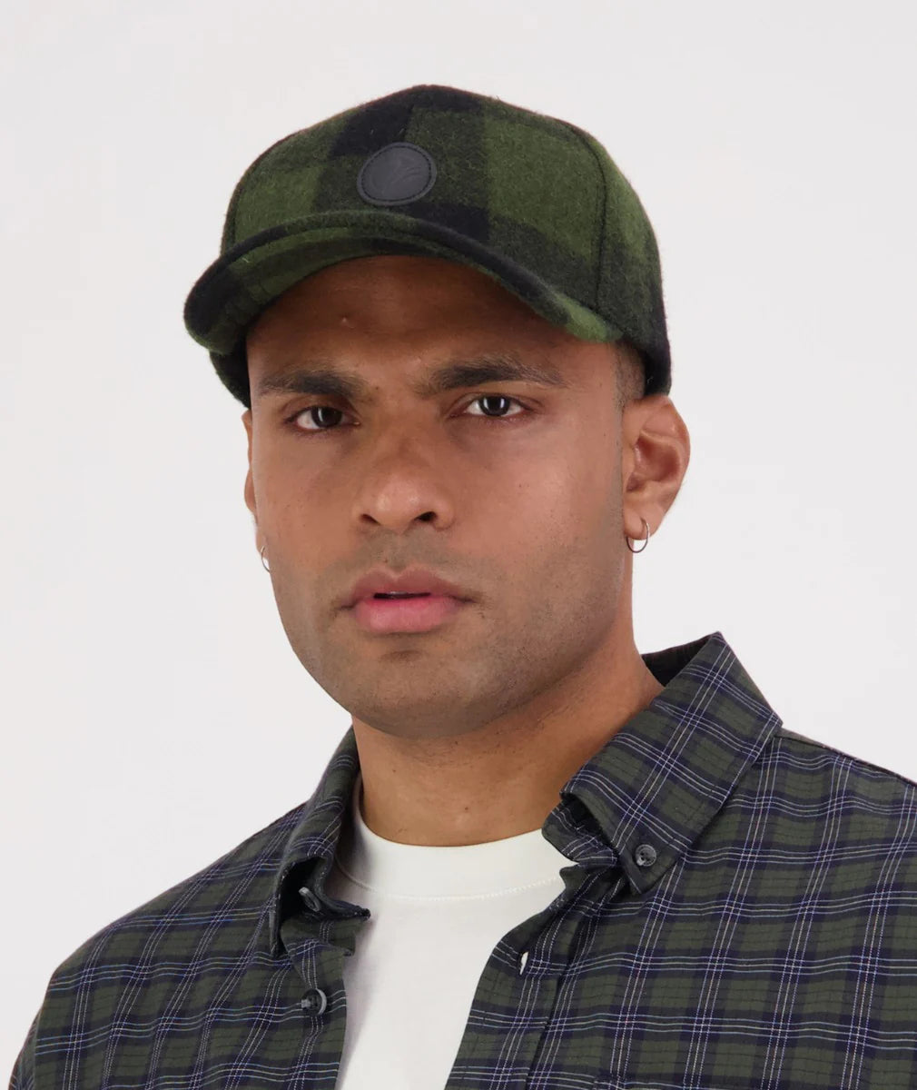 The Swanni Wool Baseball Cap in Olive/Black Check