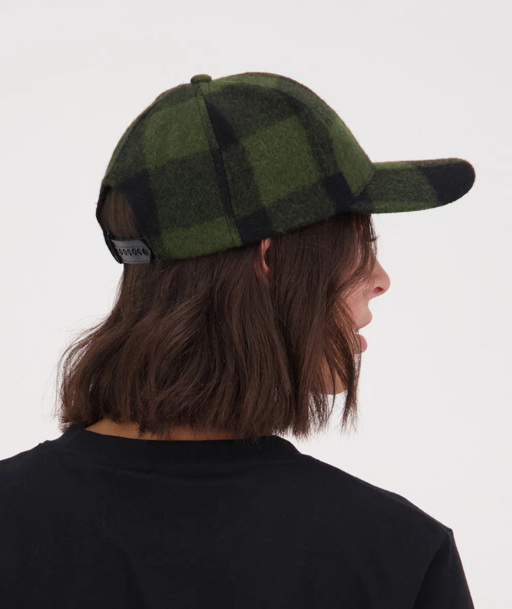 The Swanni Wool Baseball Cap in Olive/Black Check