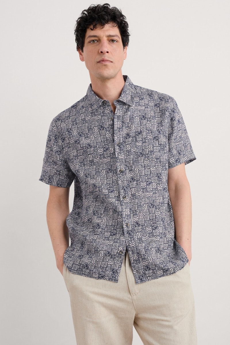 Seasalt Men's Blue Heron Short Sleeve Shirt Marine Patchwork Maritime