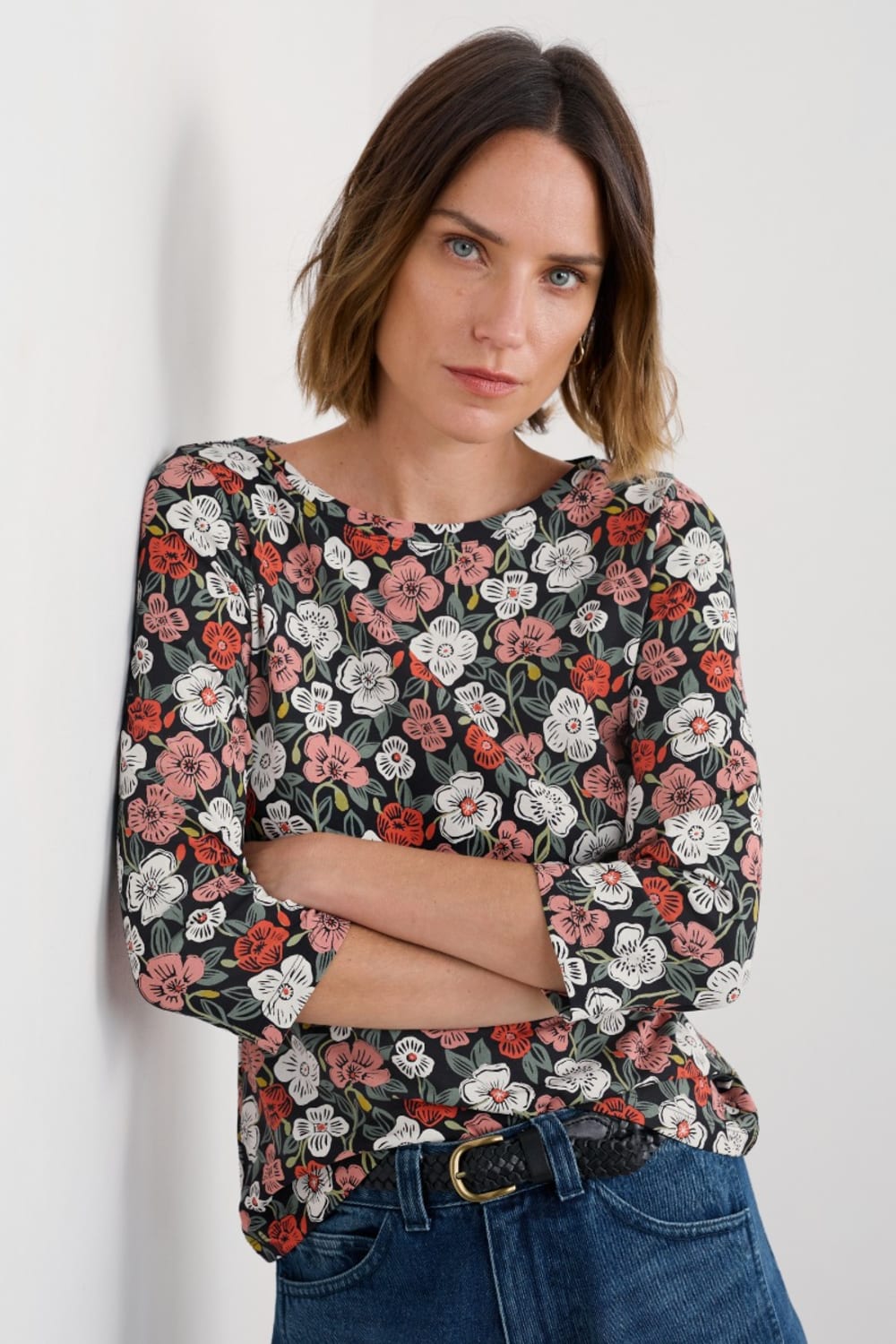 Seasalt Easel 3/4 Sleeve Top in Floral Tumble Onyx