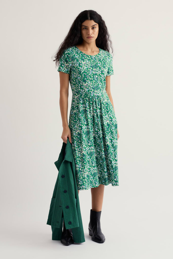 April Short Sleeve Dress in Woodland Floral Dark Stem