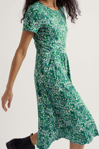 April Short Sleeve Dress in Woodland Floral Dark Stem