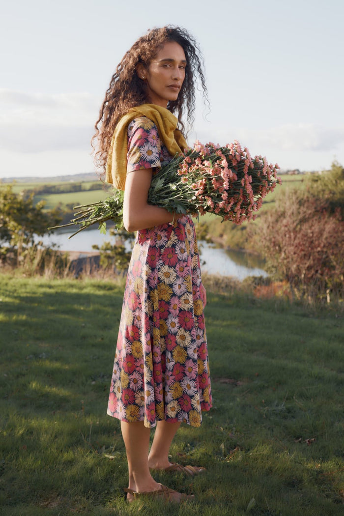 April Short Sleeve Dress in Painted Asters Maritime
