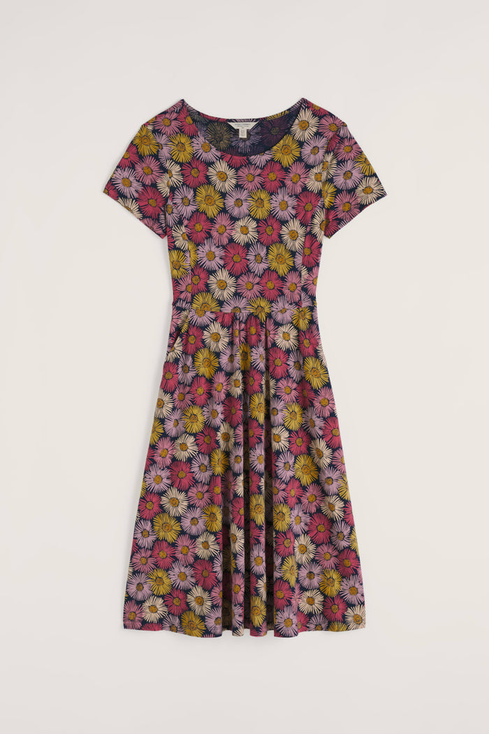 April Short Sleeve Dress in Painted Asters Maritime