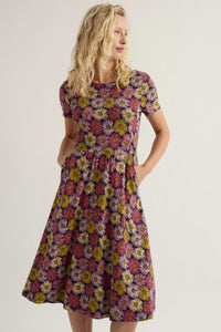 April Short Sleeve Dress in Painted Asters Maritime