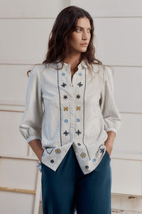 Seasalt Hope Cottage Embroidered Blouse in Simplicity Stripe Chalk Maritime