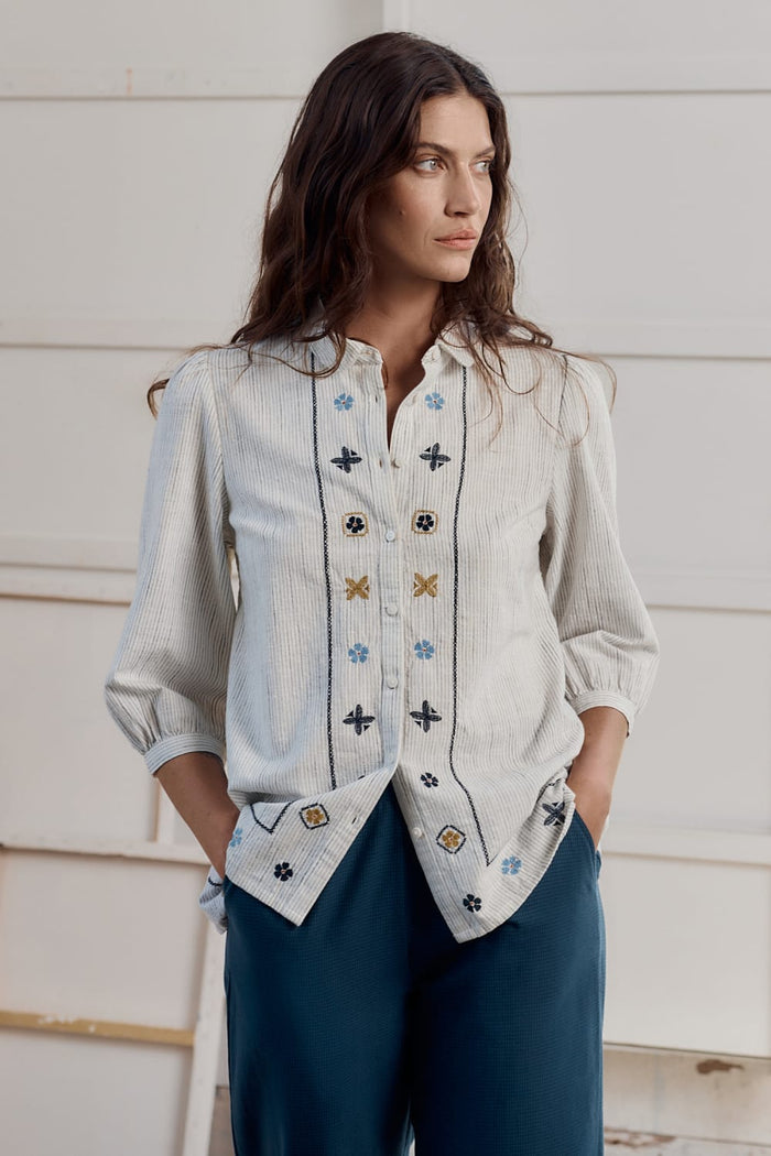 Seasalt Hope Cottage Embroidered Blouse in Simplicity Stripe Chalk Maritime
