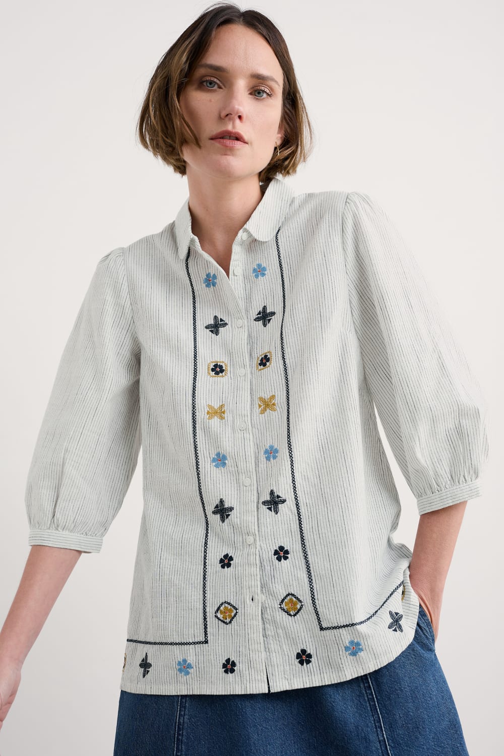 Seasalt Hope Cottage Embroidered Blouse in Simplicity Stripe Chalk Maritime