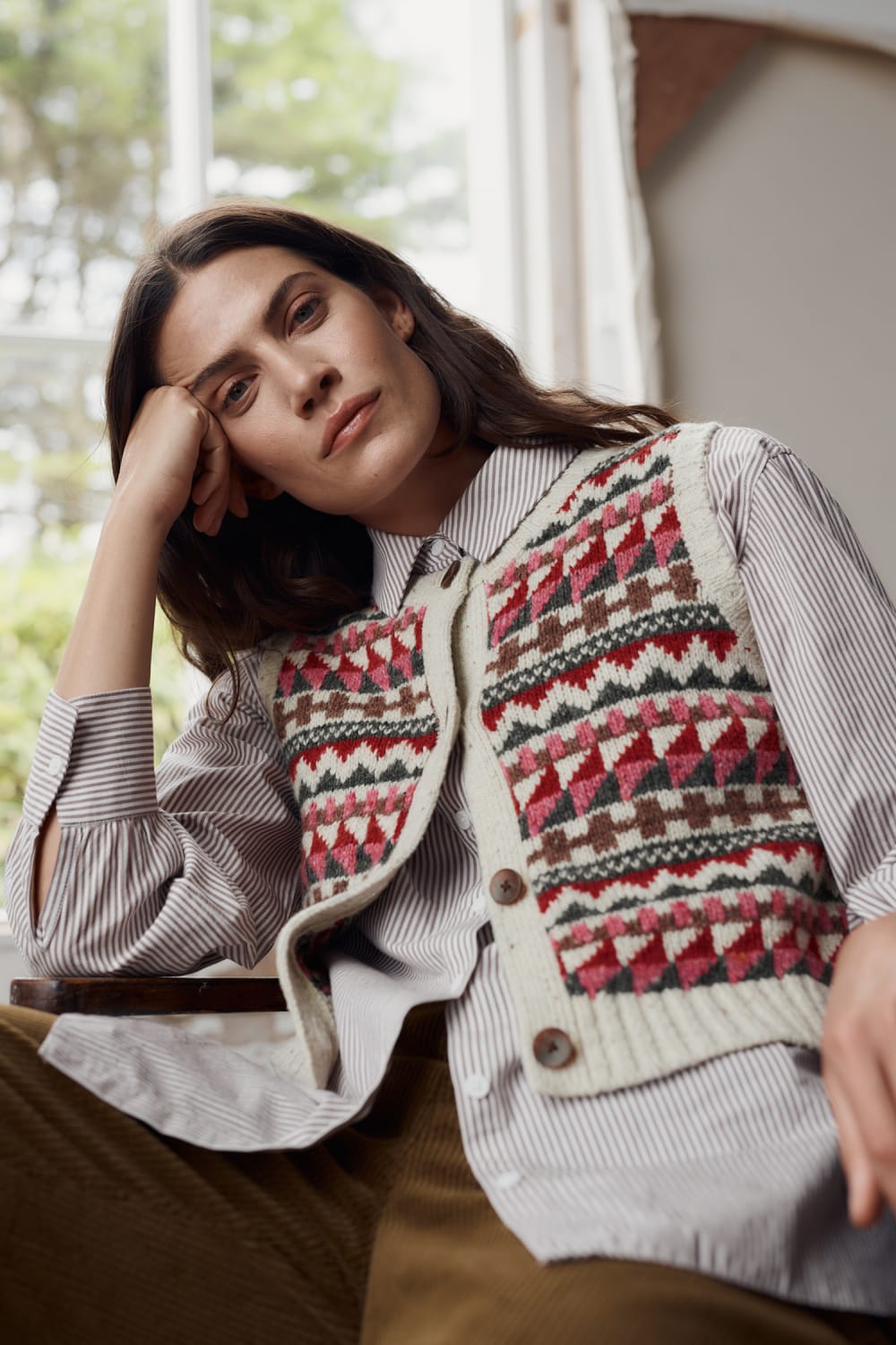 Seasalt Dawson Pick Fair Isle Vest in Zig Zag Geo Aran Red Sail