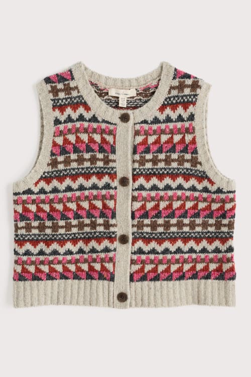Seasalt Dawson Pick Fair Isle Vest in Zig Zag Geo Aran Red Sail