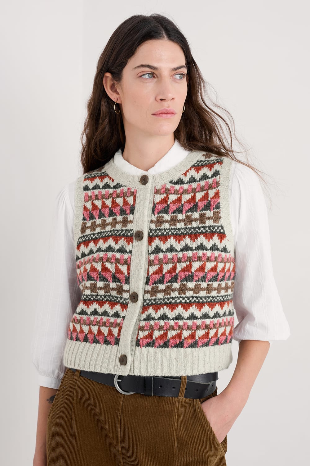 Seasalt Dawson Pick Fair Isle Vest in Zig Zag Geo Aran Red Sail