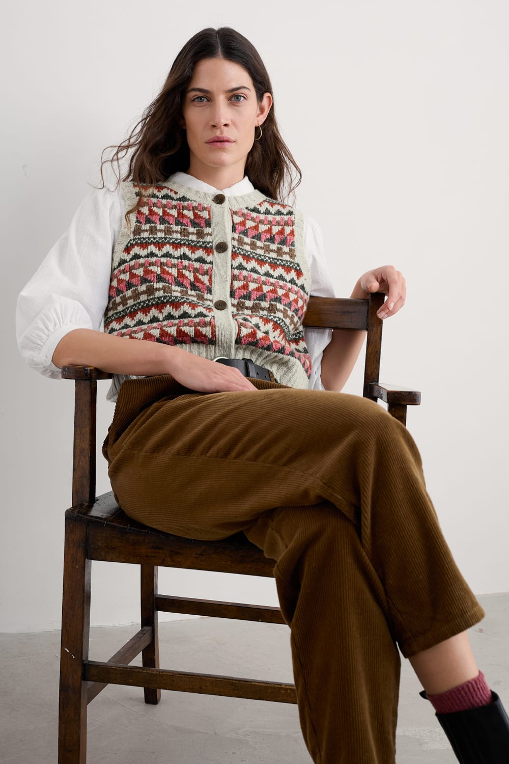 Seasalt Dawson Pick Fair Isle Vest in Zig Zag Geo Aran Red Sail